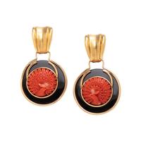 ONYX AND CARVED CORAL EARCLIPS