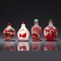 Four Chinese Ruby Red Overlay Glass Snuff Bottles 涅白地套寶石紅料鼻烟壺四支