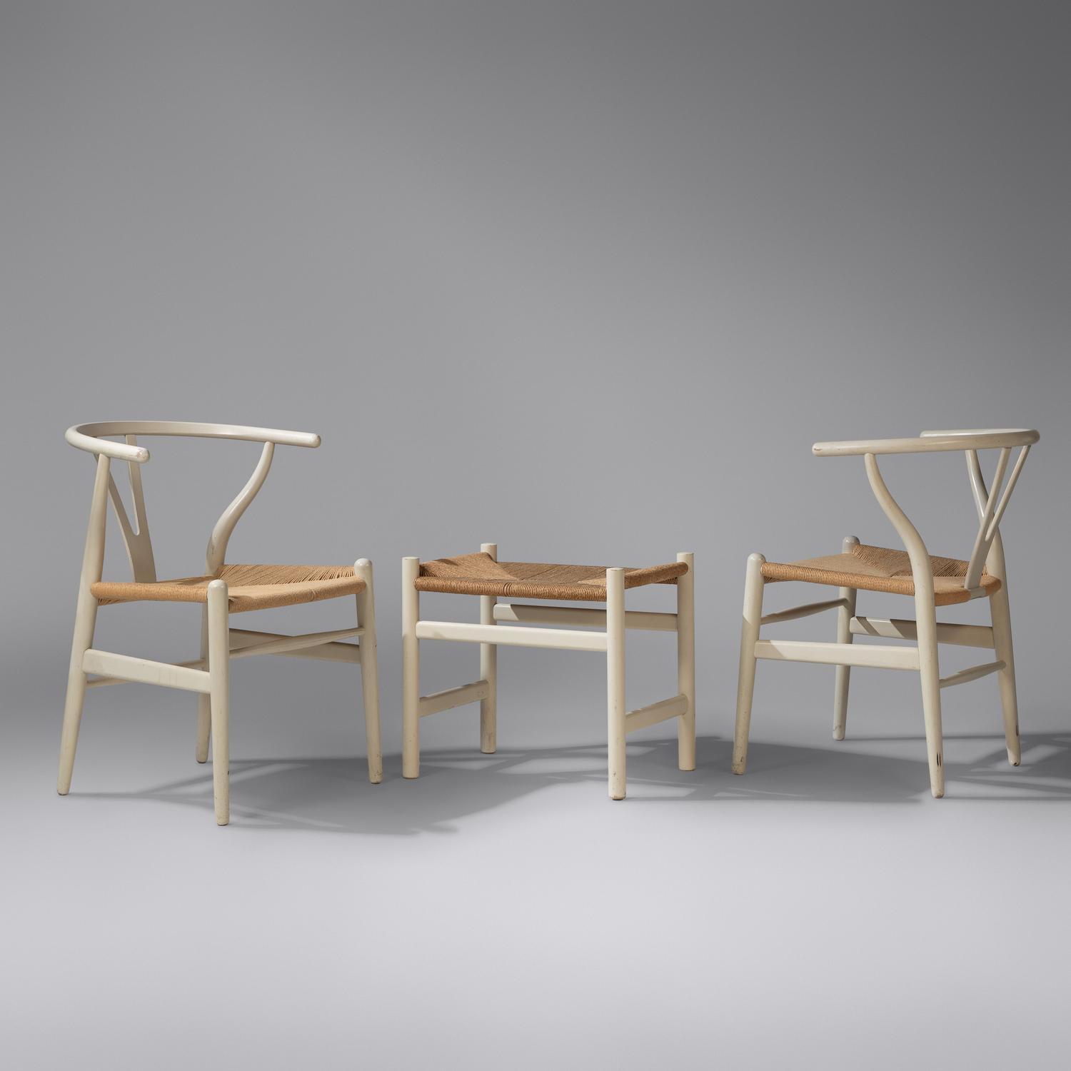 Wishbone chairs, pair, model CH24 and ottoman, 1950 / 1969-1980 Carl Hansen & Søn, Denmark