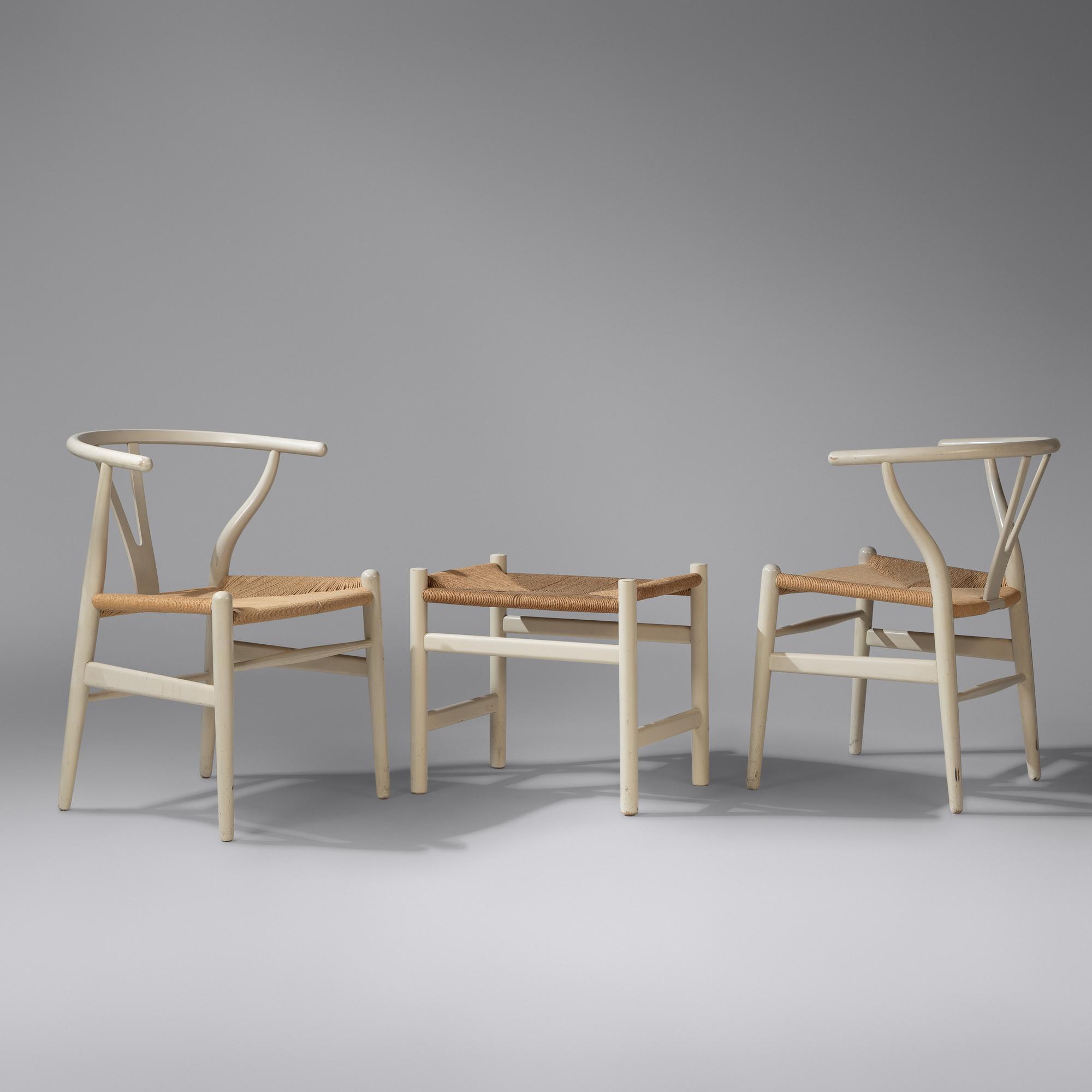 Wishbone chairs, pair, model CH24 and ottoman, 1950 / 1969-1980 Carl Hansen & Søn, Denmark