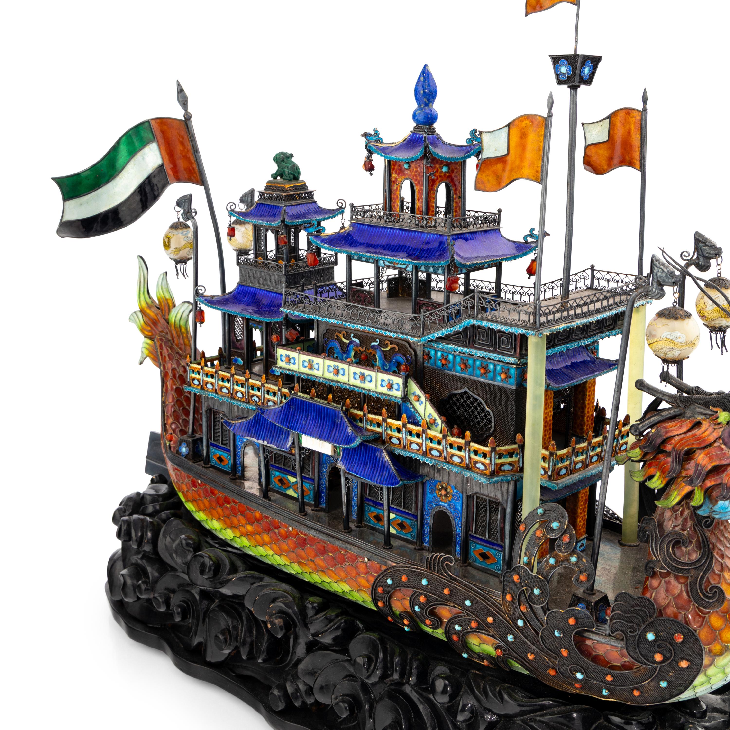 A Chinese Silver, Enamel and Hardstone Mounted Model of a Boat