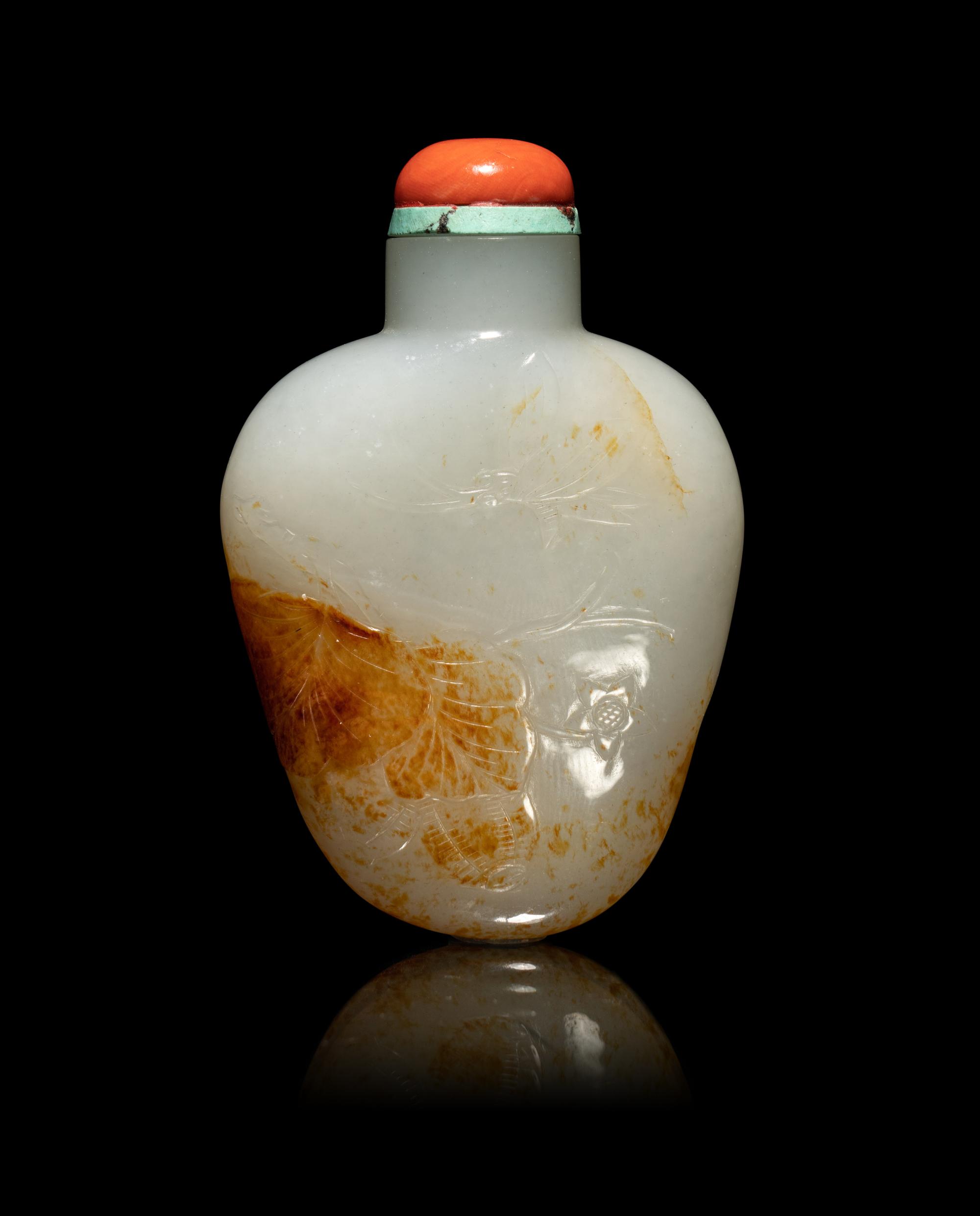 A Chinese Russet and White Jade 'Butterfly' Snuff Bottle