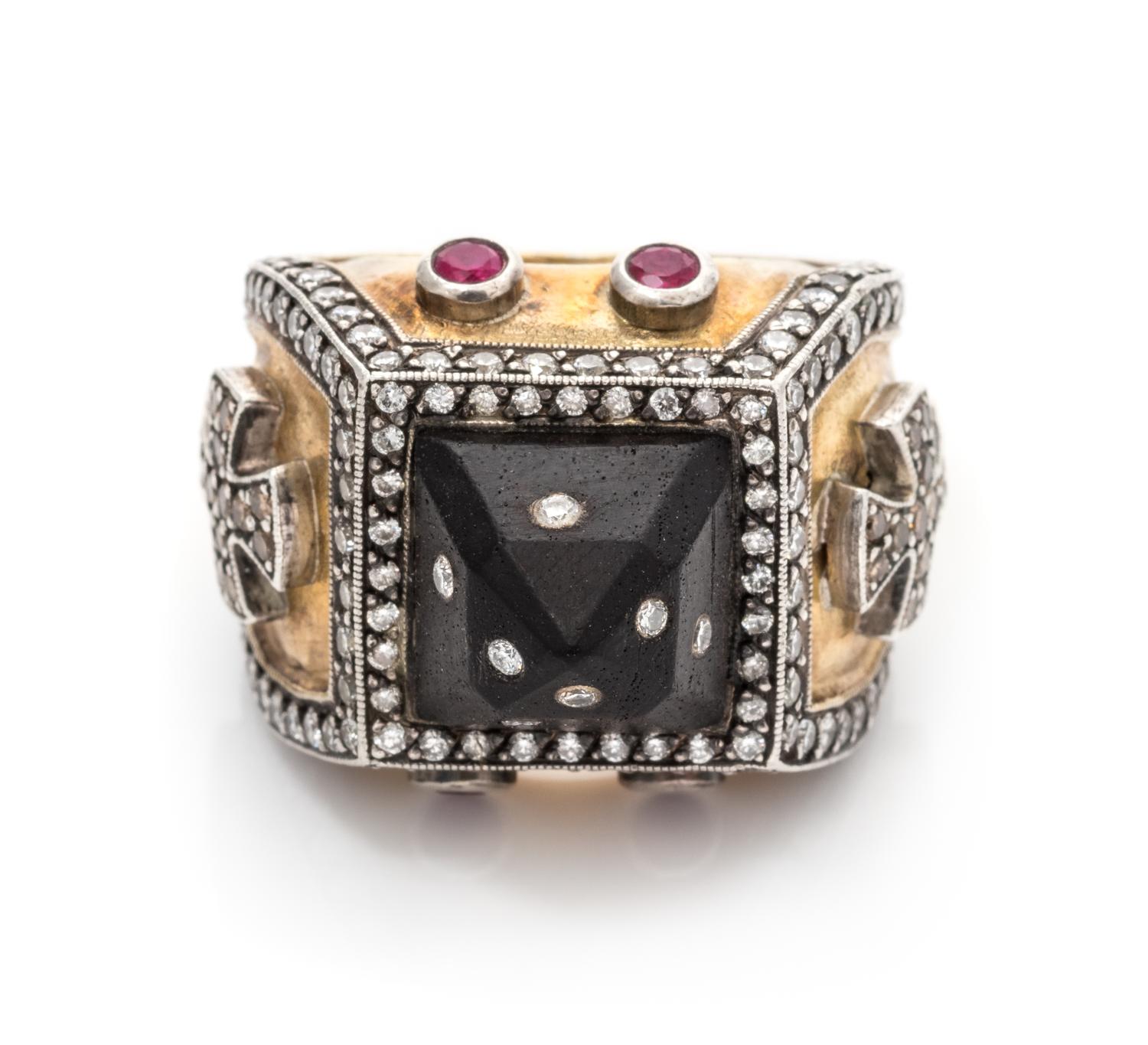 A Sterling Silver, 24 Karat Yellow Gold, Diamond, Wood and Ruby Ring, 19.30 dwts.