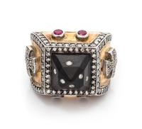 A Sterling Silver, 24 Karat Yellow Gold, Diamond, Wood and Ruby Ring, 19.30 dwts.