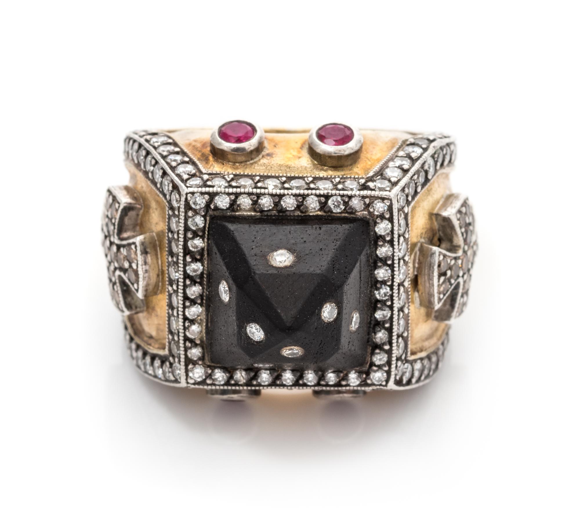 A Sterling Silver, 24 Karat Yellow Gold, Diamond, Wood and Ruby Ring, 19.30 dwts.