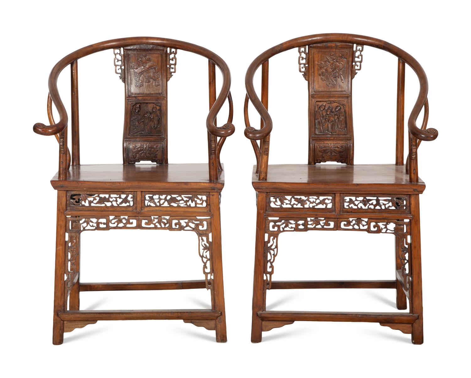 A Pair of Chinese Carved Hardwood Horseshoe-back Armchairs