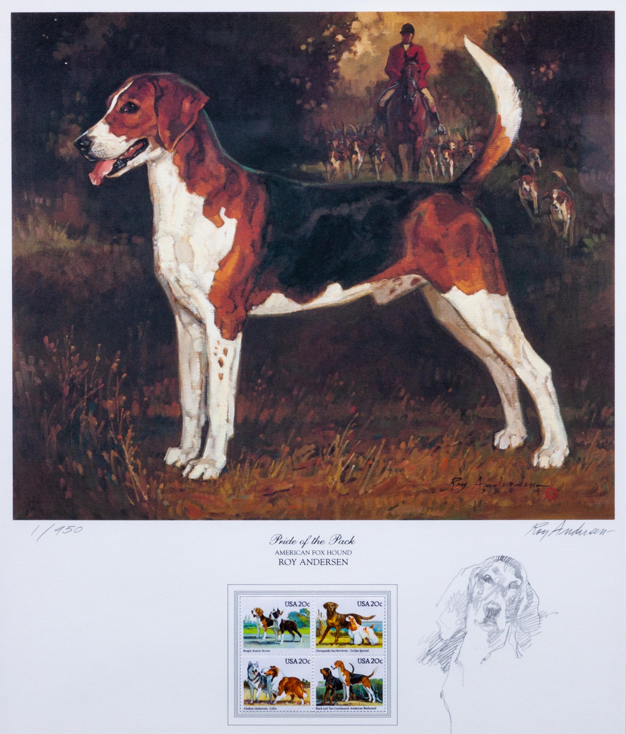 Two Works of Art depicting American Foxhounds Larger: 16 x 13 1/2 inches.