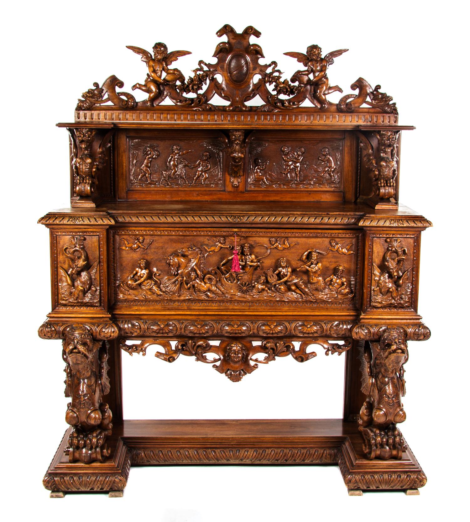 A Renaissance Revival Carved Oak Console Cabinet, ATTRIBUTED TO R.J. HORNER, Height 77 x width 62 x depth 26 inches. — ATTRIBUTED TO R.J. HORNER,