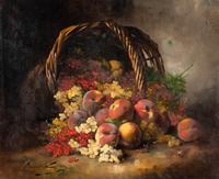 Alfred Arthur Brunel de Neuville (French, 1852–1941) — Still Life with Currants and Peaches Spilling from a Basket