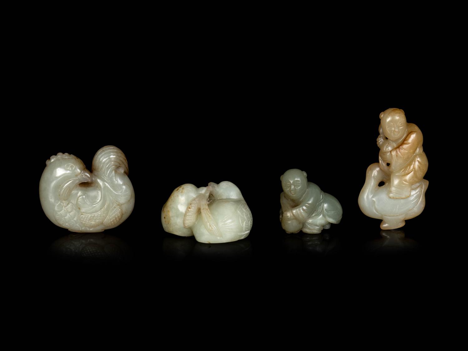 Four Chinese Celadon Jade Carvings of Boys and Birds