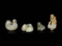 Four Chinese Celadon Jade Carvings of Boys and Birds