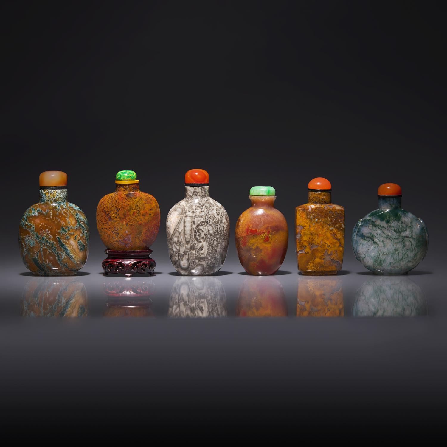 Six Chinese Agate and Conglomerate Snuff Bottles 瑪瑙及抱子石鼻烟壺六支