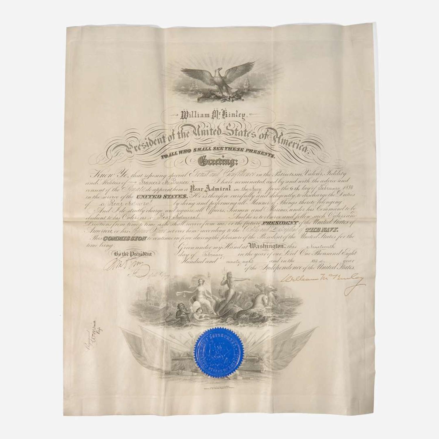 [Presidential] [Bunce, Francis M.] McKinley, William Signed Military Commission