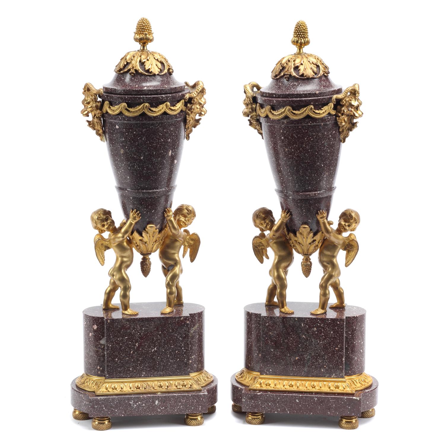A Pair of Gilt Bronze Mounted Carved Hardstone Urns