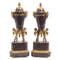 A Pair of Gilt Bronze Mounted Carved Hardstone Urns