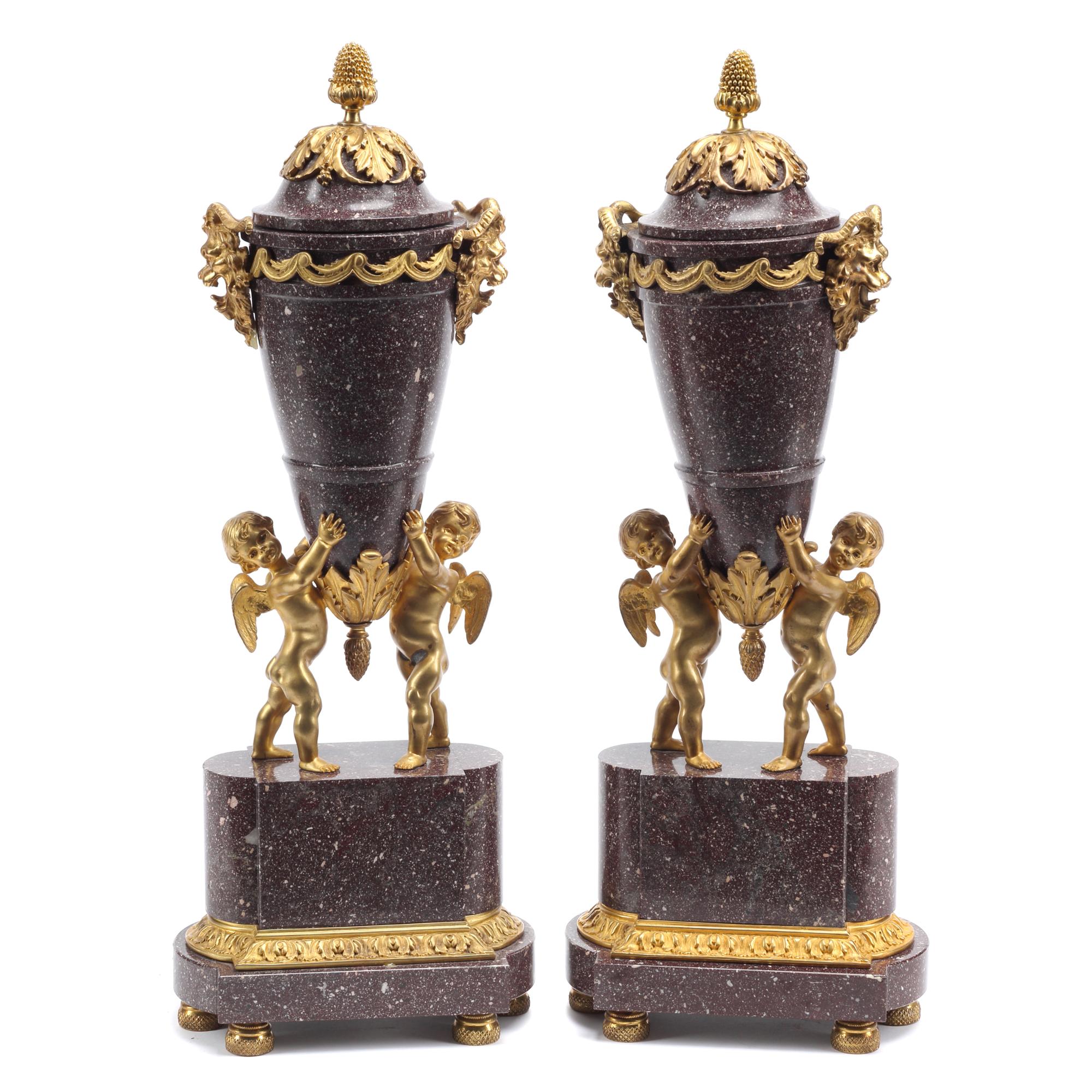A Pair of Gilt Bronze Mounted Carved Hardstone Urns