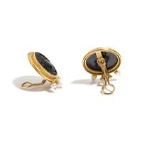 ELIZABETH LOCKE, YELLOW GOLD, CULTURED PEARL AND GLASS CAMEO EARCLIPS