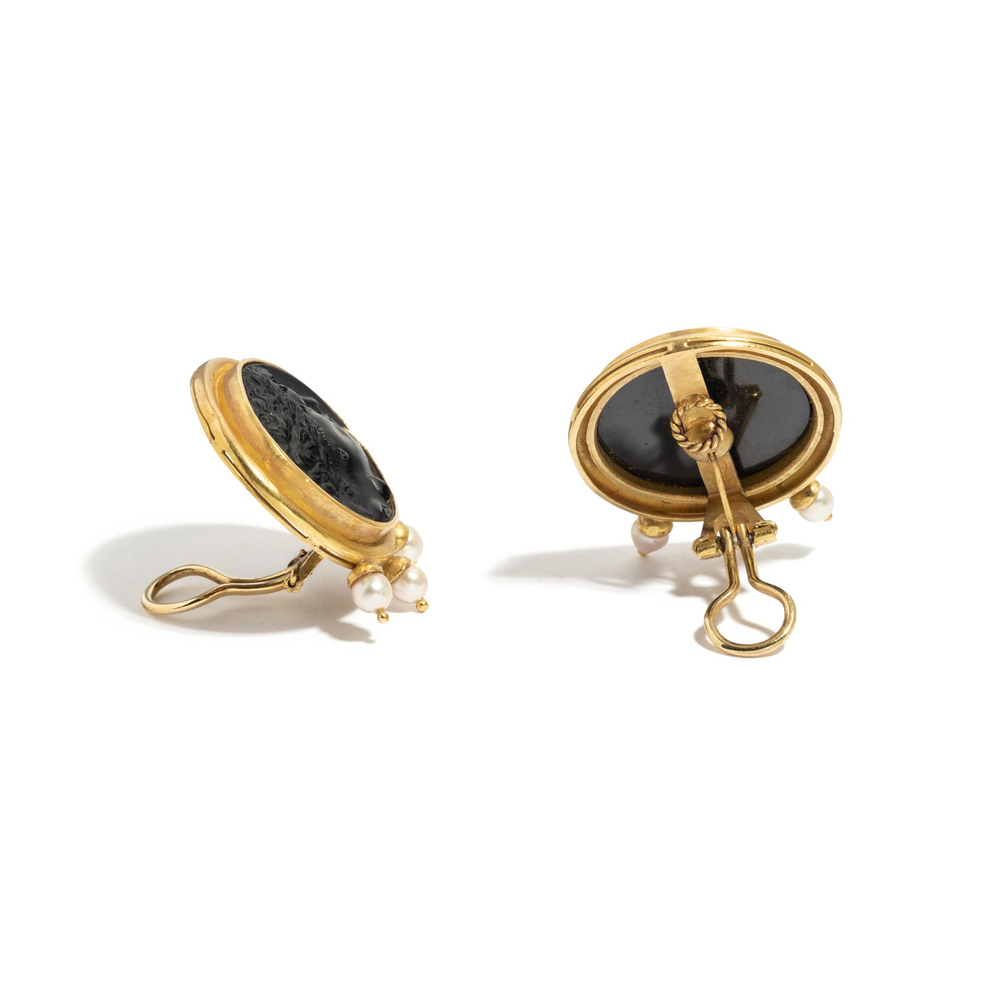 ELIZABETH LOCKE, YELLOW GOLD, CULTURED PEARL AND GLASS CAMEO EARCLIPS
