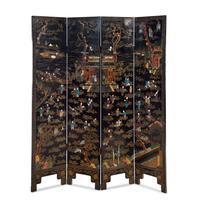 A Chinese Embellished and Black Lacquered Four-Panel Floor Screen