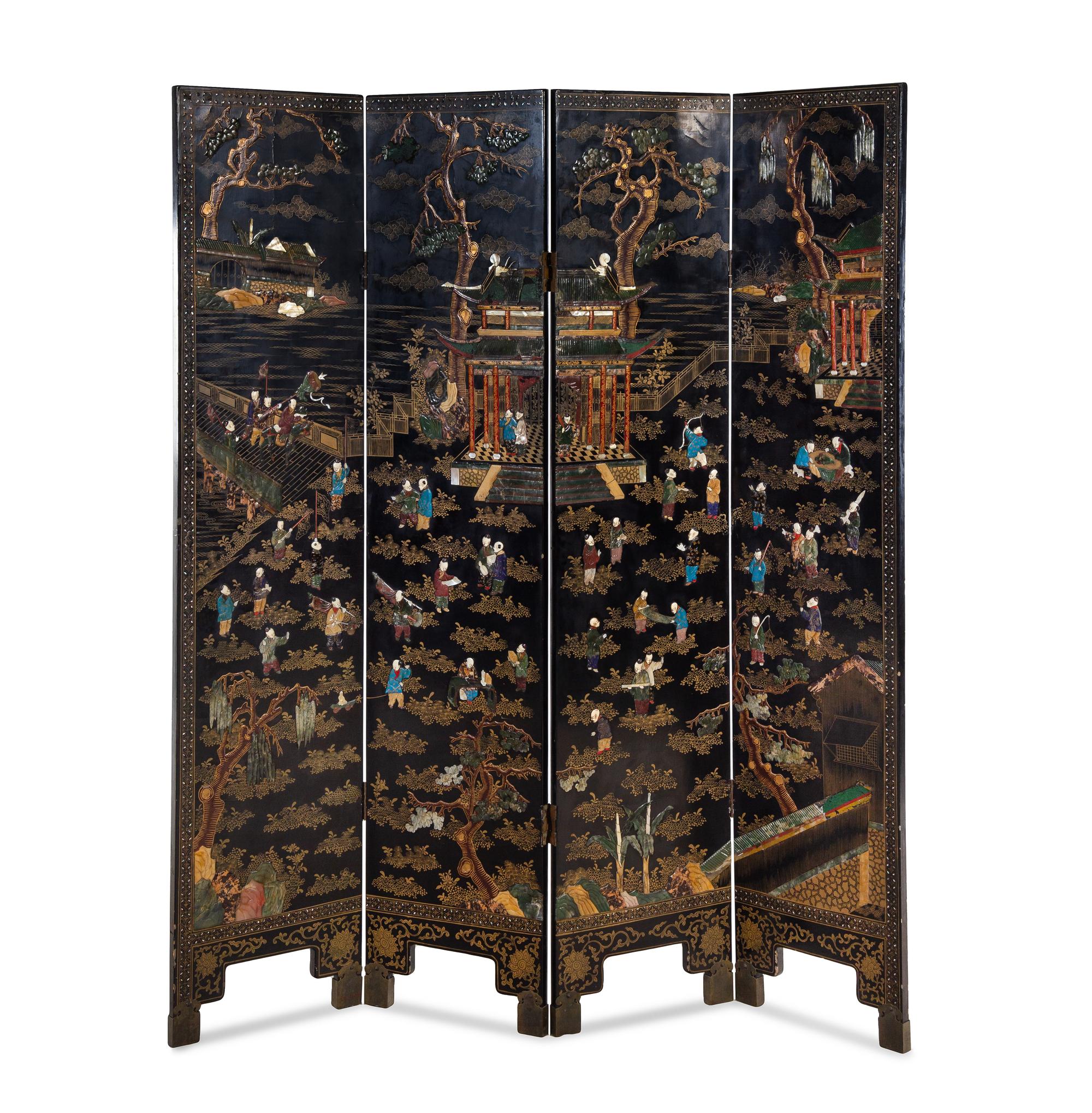 A Chinese Embellished and Black Lacquered Four-Panel Floor Screen