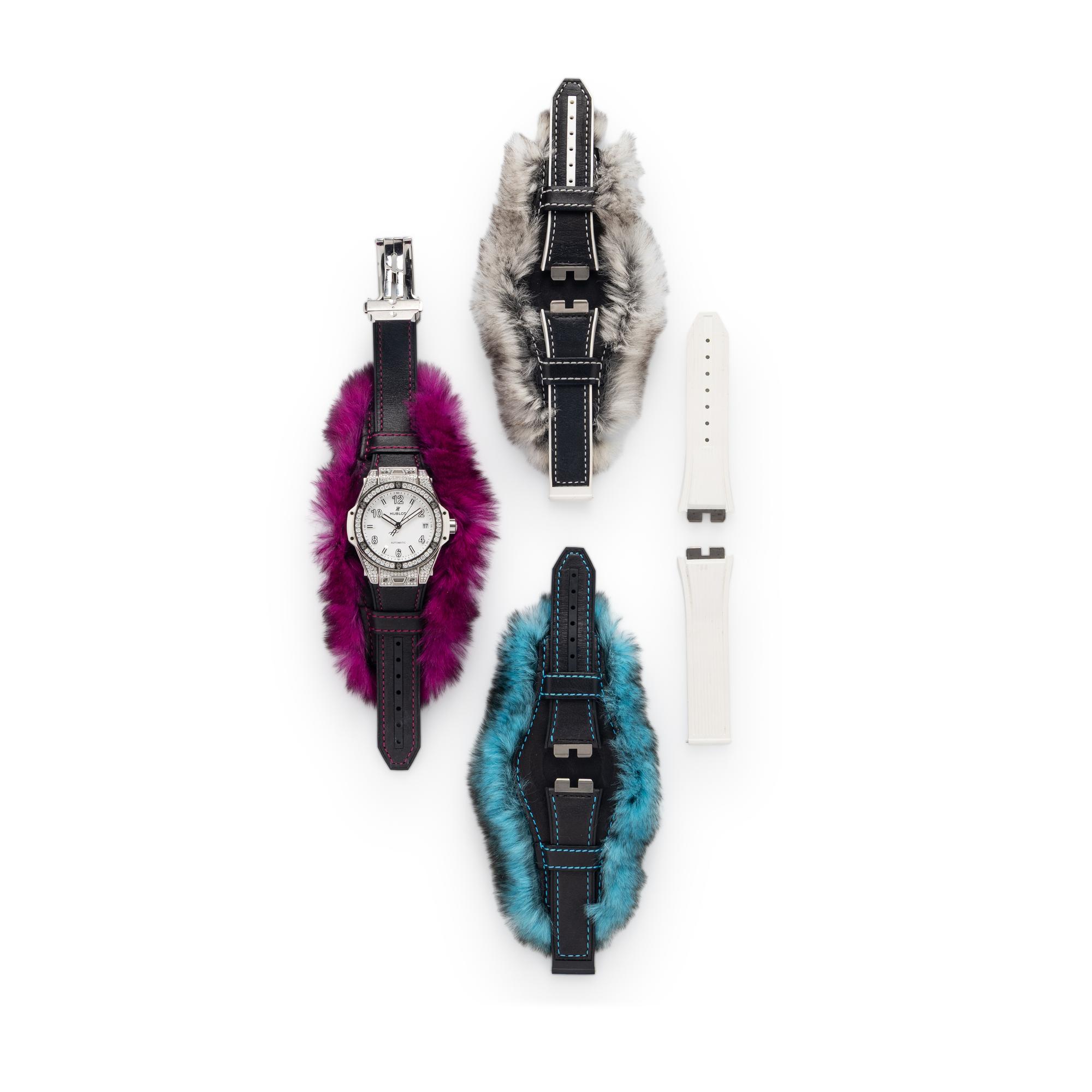 HUBLOT, 'BIG BANG ONE CLICK' DATE WATCH WITH DIAMONDS AND 'CUDDLY CUFF' RABBIT FUR STRAPS
