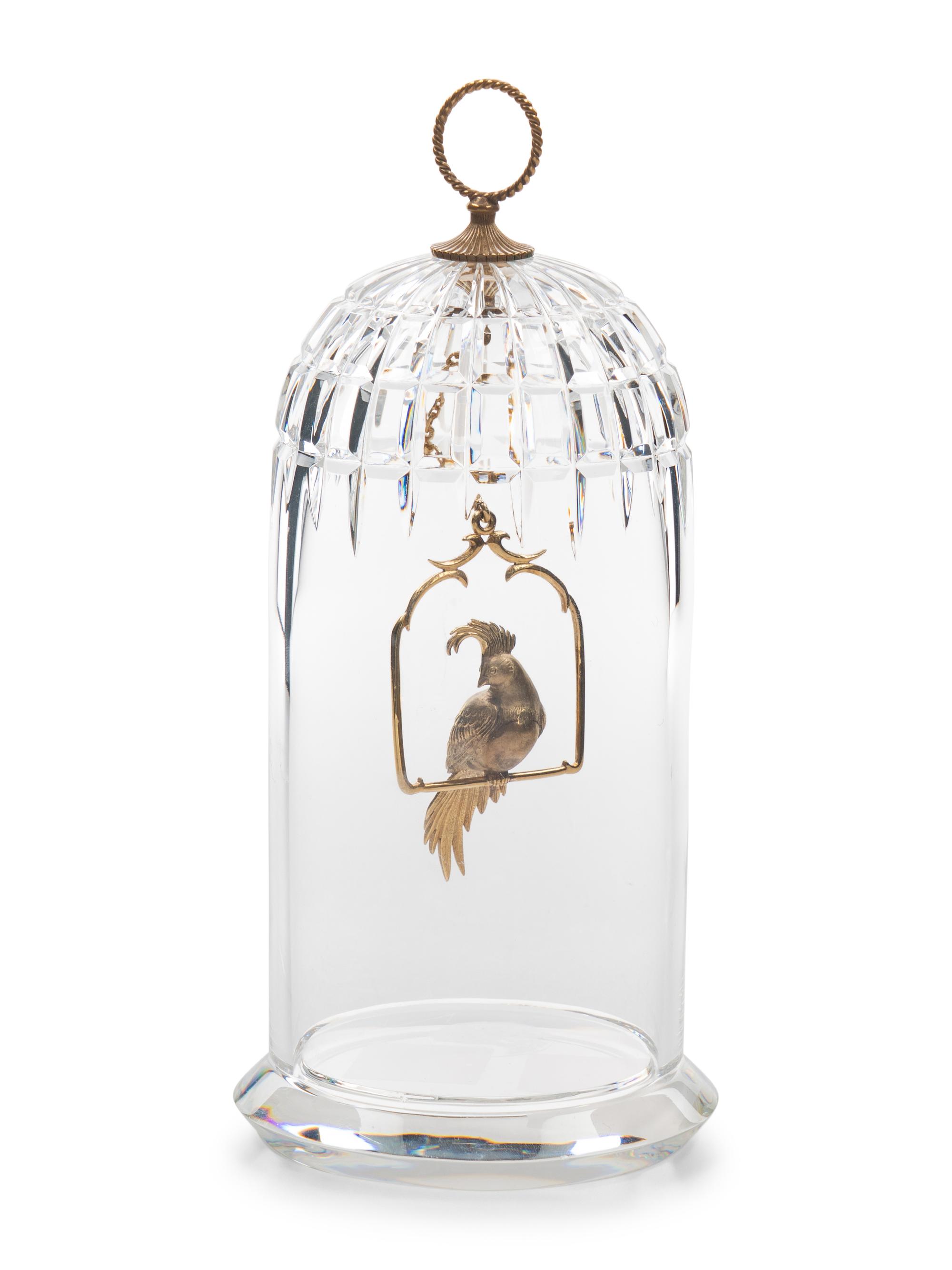 A Steuben Cut Glass and 18 Karat Gold Bird Cage Sculpture