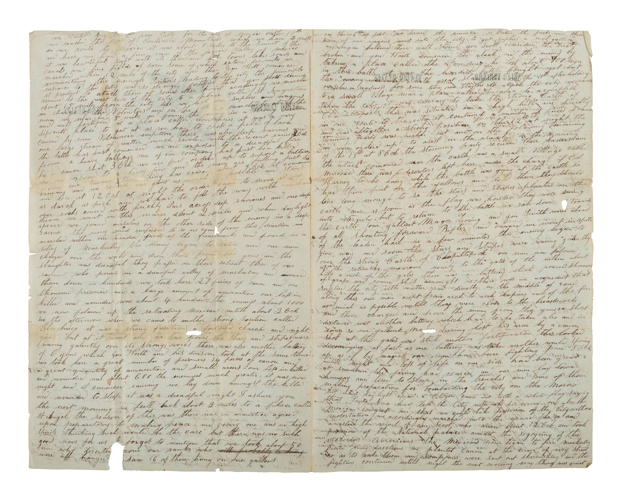 [MEXICAN-AMERICAN WAR]. Detailed letter on captured stationery describing storming the Castle of Chapultepec and the battle for Mexico City. Vera Cruz [Mexico], 8 January 1848.