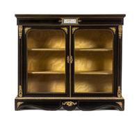 A Napoleon III Gilt Bronze Mounted and Porcelain Inset Ebonized Vitrine Cabinet