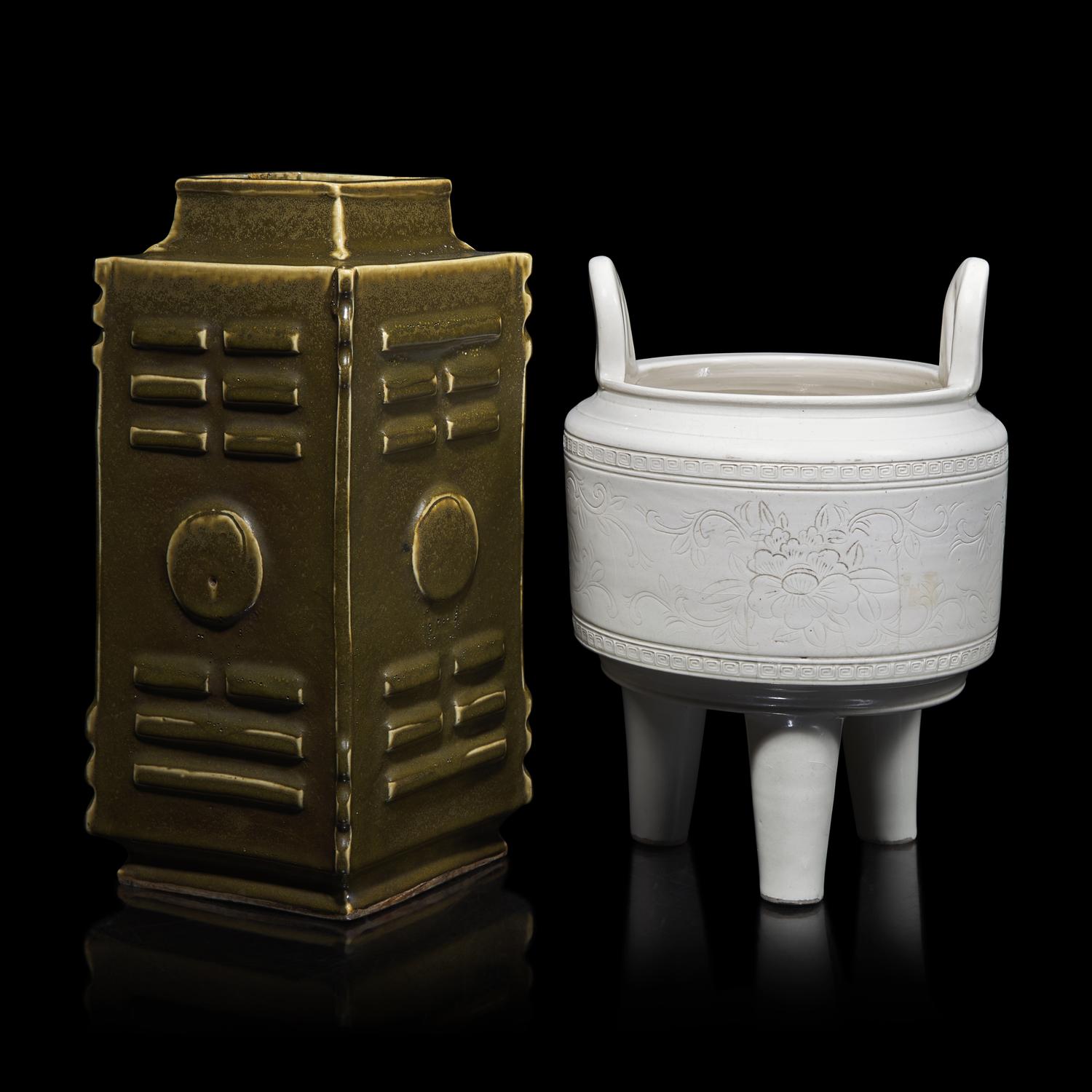 Two Chinese Monochrome Glazed Archaic Style Vessels, 19th-20th Century 晚清-民國 茶葉末釉琮式瓶及白釉仿古三足鼎式爐