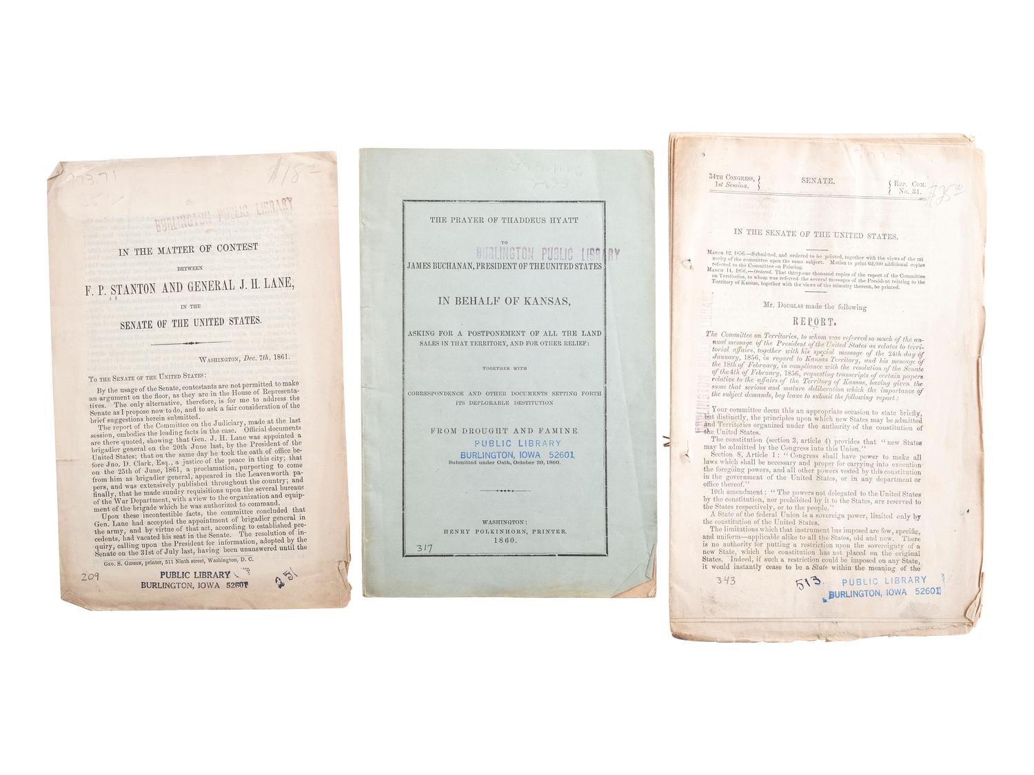 [SLAVERY & ABOLITION]. A group of 14 pamphlets related to Bleeding Kansas including slavery, the Lecompton Constitution, and the Stanton-Lane contest, comprising: