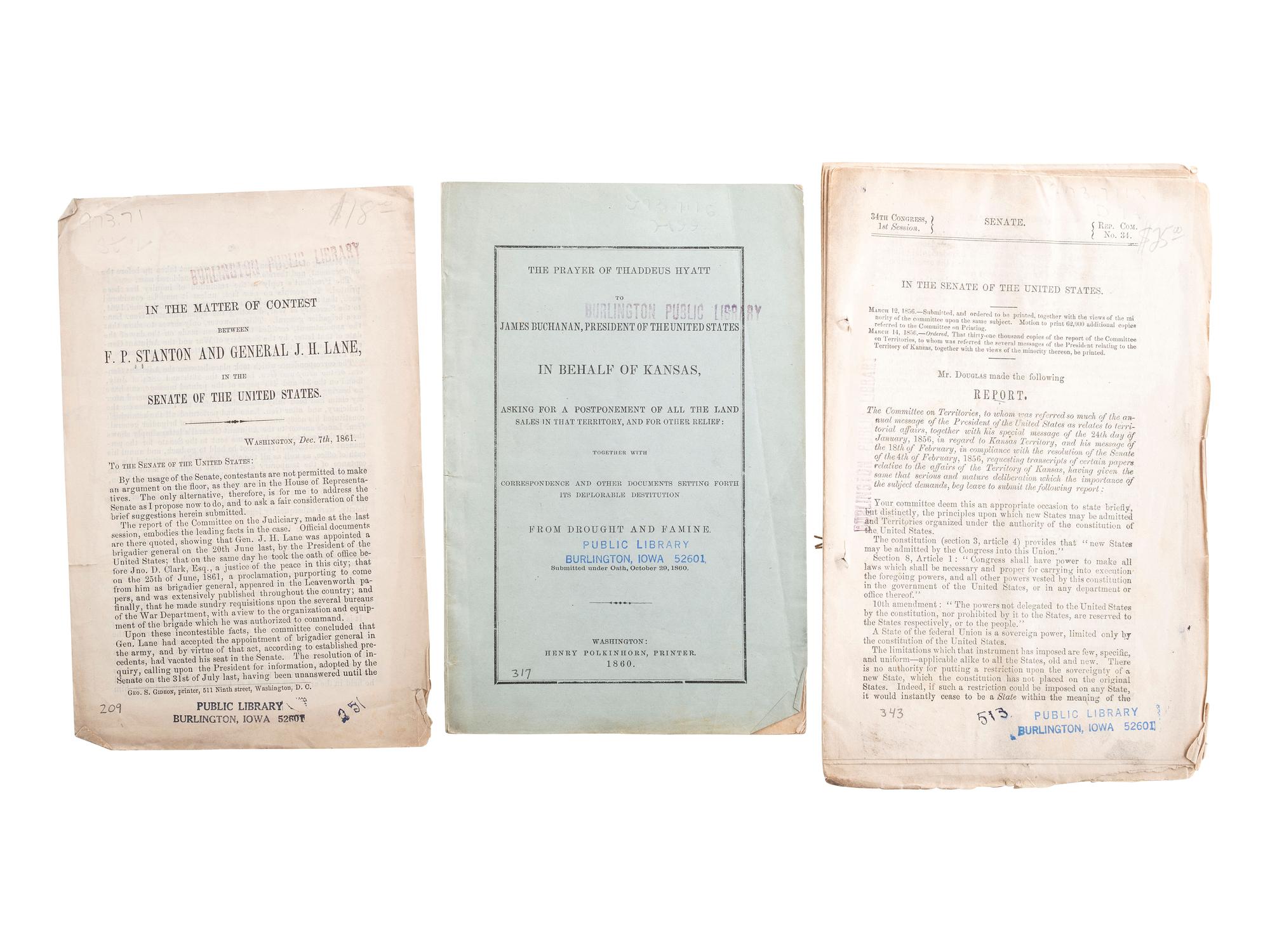 [SLAVERY & ABOLITION]. A group of 14 pamphlets related to Bleeding Kansas including slavery, the Lecompton Constitution, and the Stanton-Lane contest, comprising: