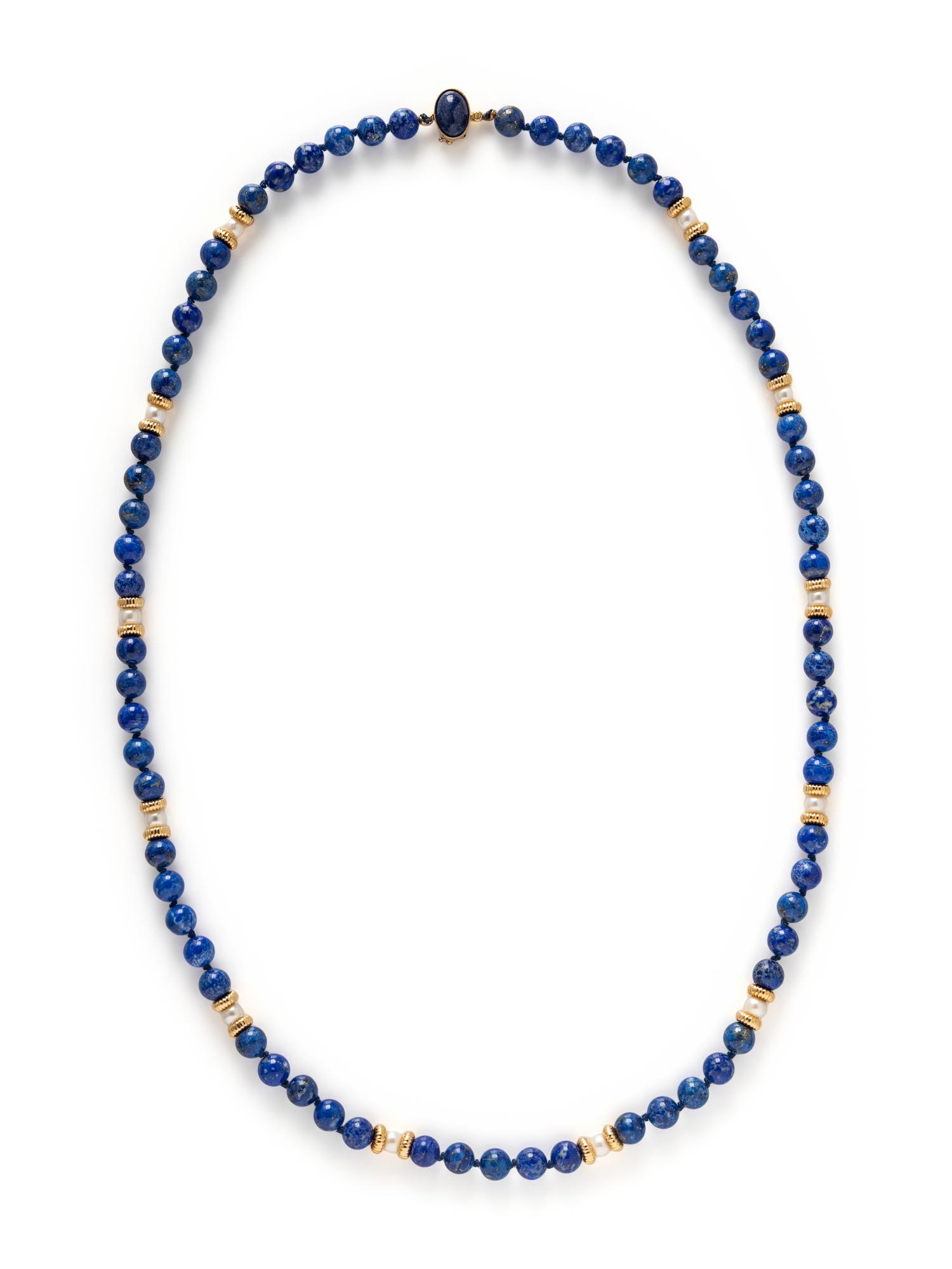 YELLOW GOLD, CULTURED PEARL, HEMATITE, AND LAPIS LAZULI BEAD NECKLACES