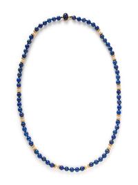 YELLOW GOLD, CULTURED PEARL, HEMATITE, AND LAPIS LAZULI BEAD NECKLACES
