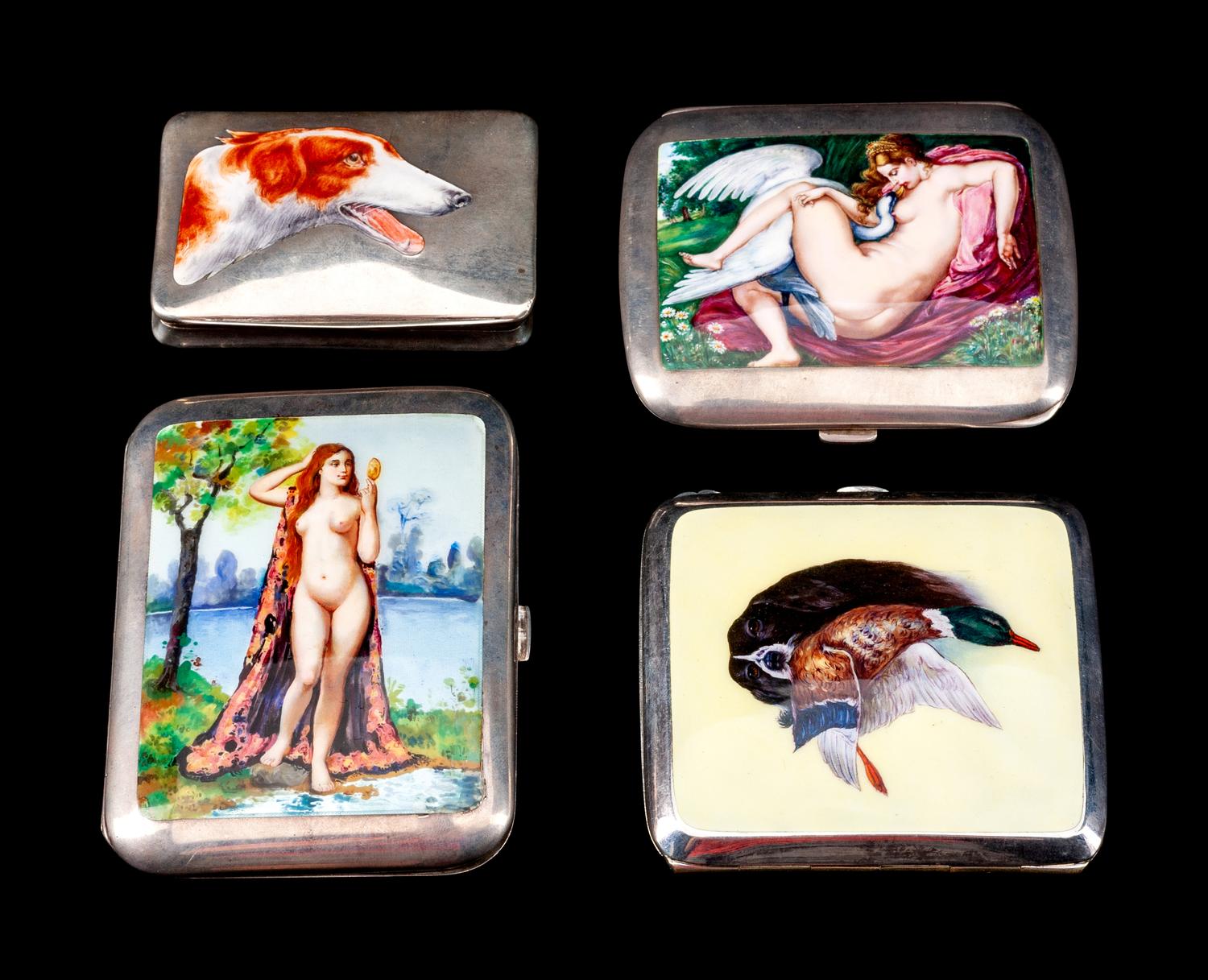 A Group of Four Continental Enameled Cigarette Cases