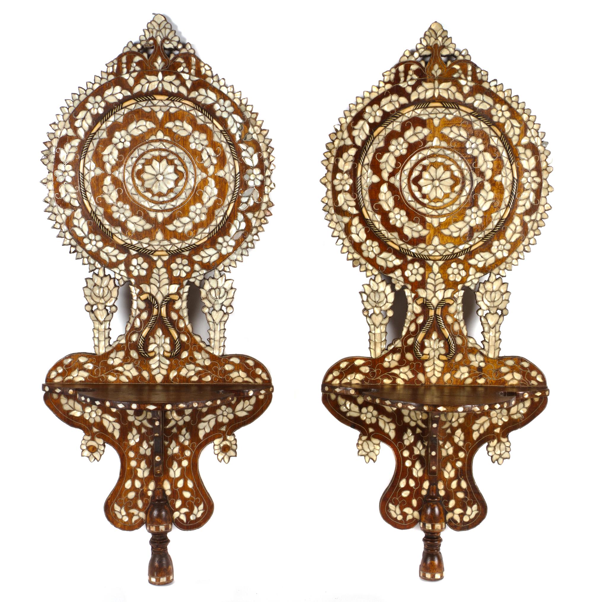 A Pair of Turkish Mother-of-Pearl Inlaid Wall Brackets, Height 40 1/8 inches.