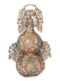 A Chinese Silver Mounted Gourd-Form Wall Plaque 19TH CENTURY Height 13 x width 7 1/2 inches. — 19TH CENTURY