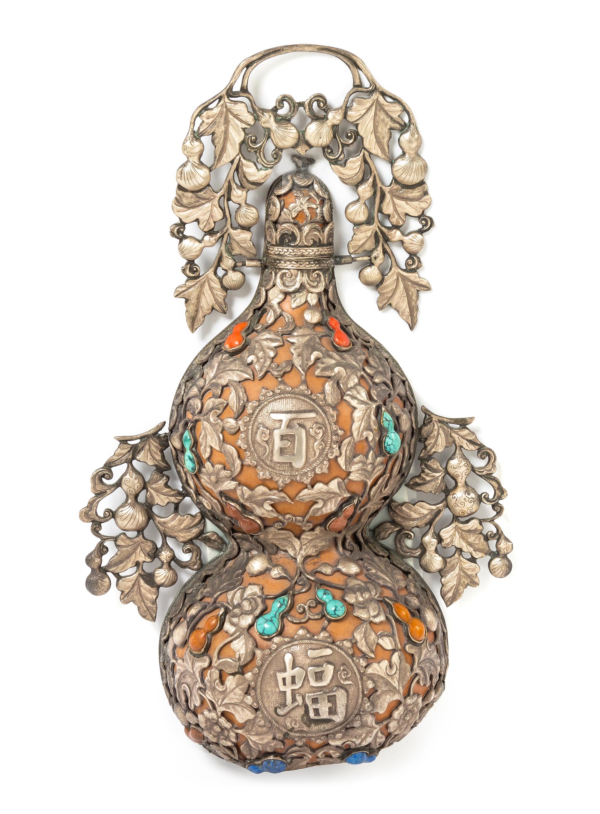 A Chinese Silver Mounted Gourd-Form Wall Plaque 19TH CENTURY Height 13 x width 7 1/2 inches. — 19TH CENTURY