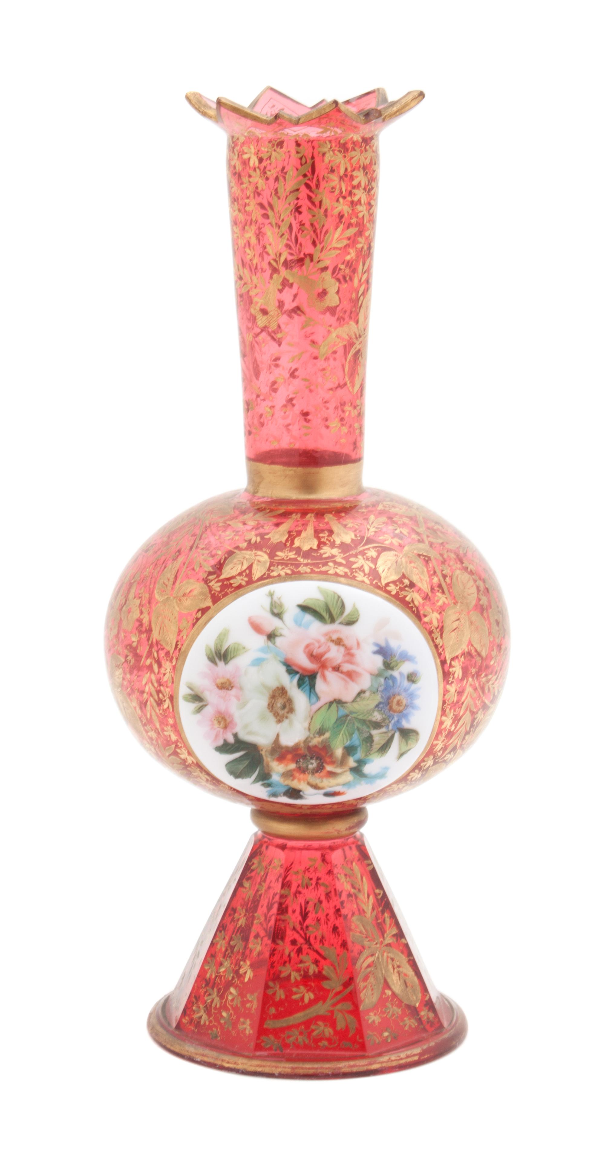 A Hand Painted Bohemian Ruby Glass Vase Height 11 1/2 inches.
