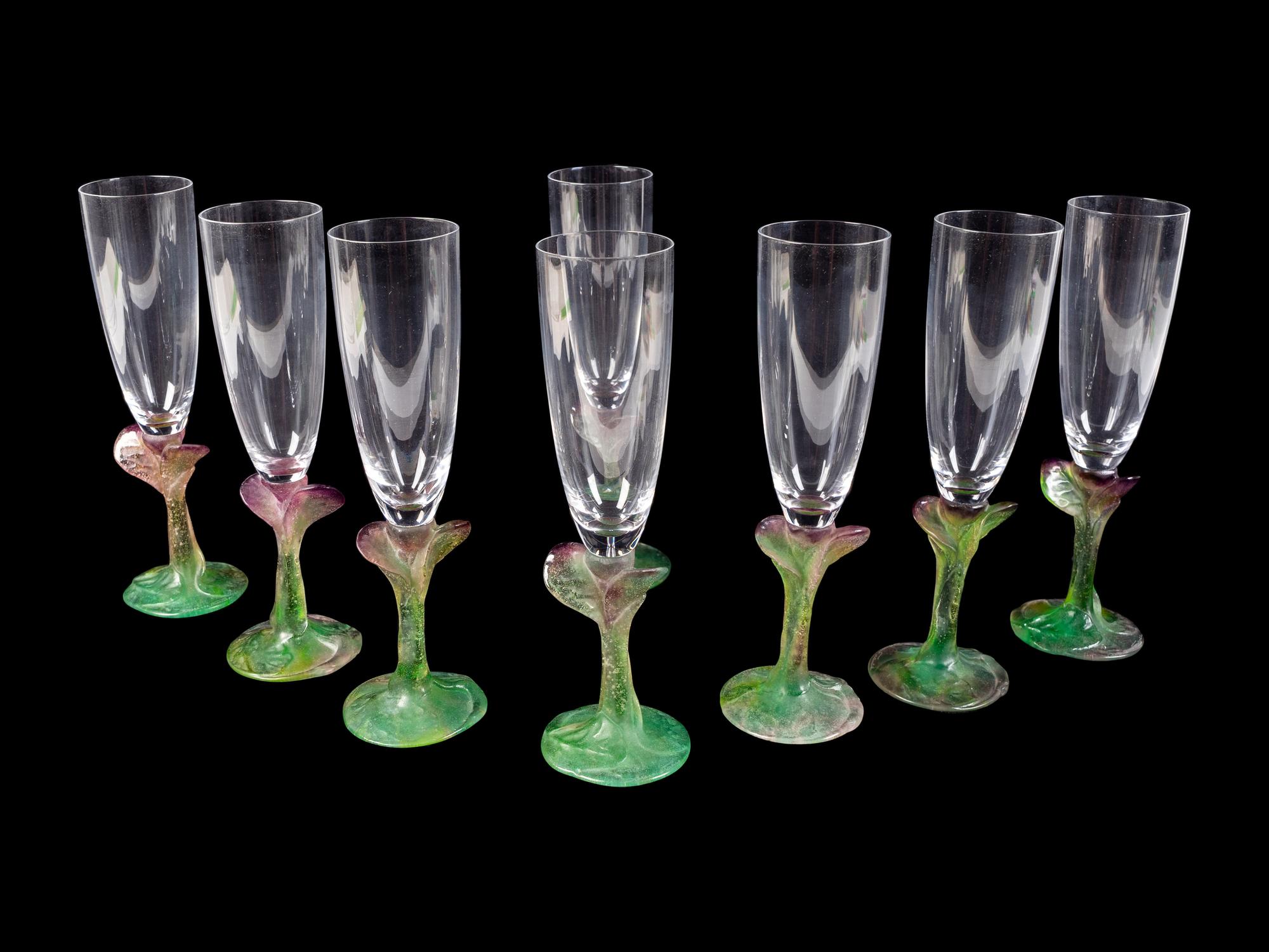 Set of Eight Daum Nature Pate de Verre Champagne Flutes — 20TH CENTURY