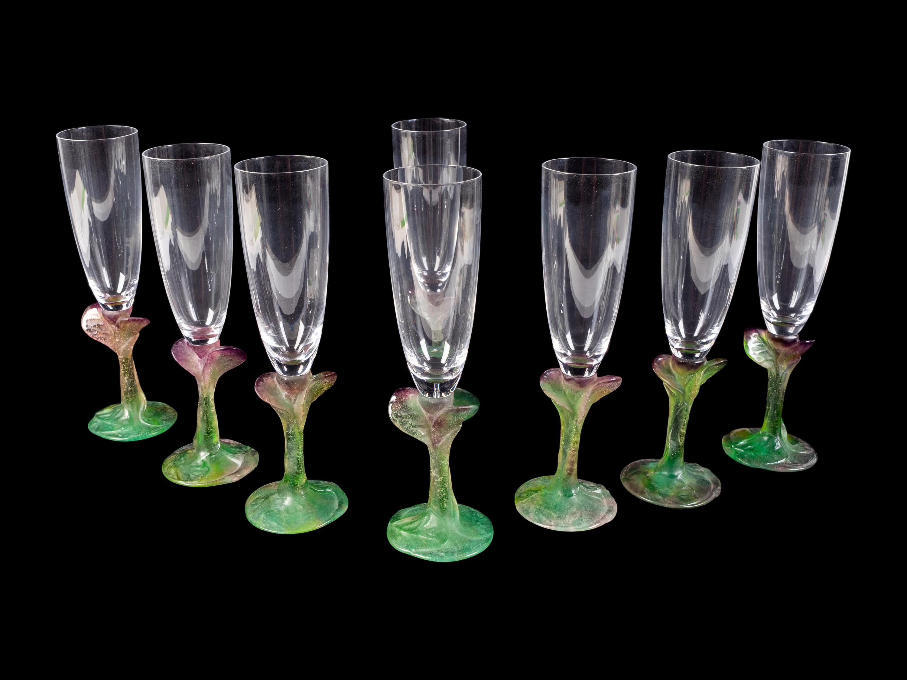 Set of Eight Daum Nature Pate de Verre Champagne Flutes — 20TH CENTURY