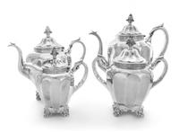 An American Coin Silver Four-Piece Tea and Coffee Service, Wood & Hughes, New York, NY, 19th Century, comprising a teapot, coffee pot,