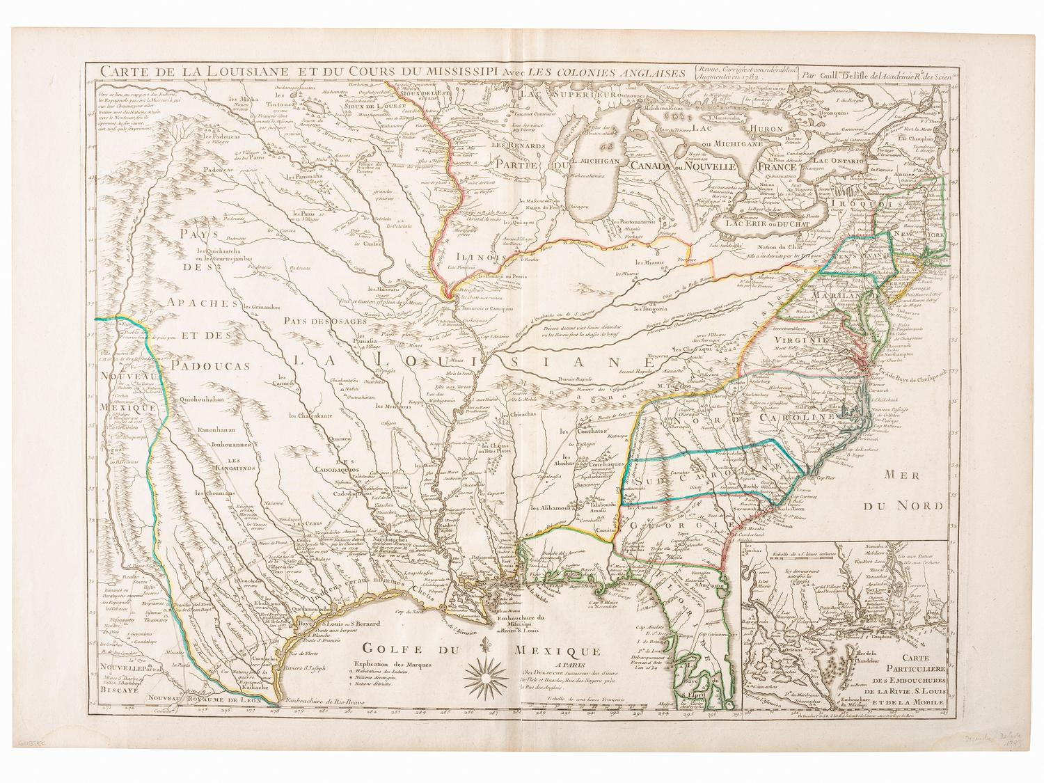 [MAPS & ATLASES -- MISSISSIPPI RIVER]. DEZAUCHE, J.A. (fl. 1780-1838) after Guillaume DELISLE (1675-1726). Carte de la Louisiane et du Cours du Mississipi avec les Colonies Anglaises. Paris: Dezauche, [1782].