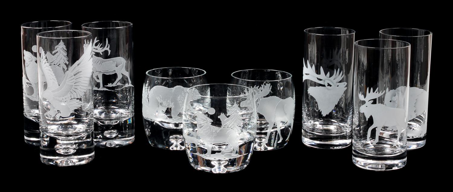 Etched American Wildlife Crystal and Glass Barware