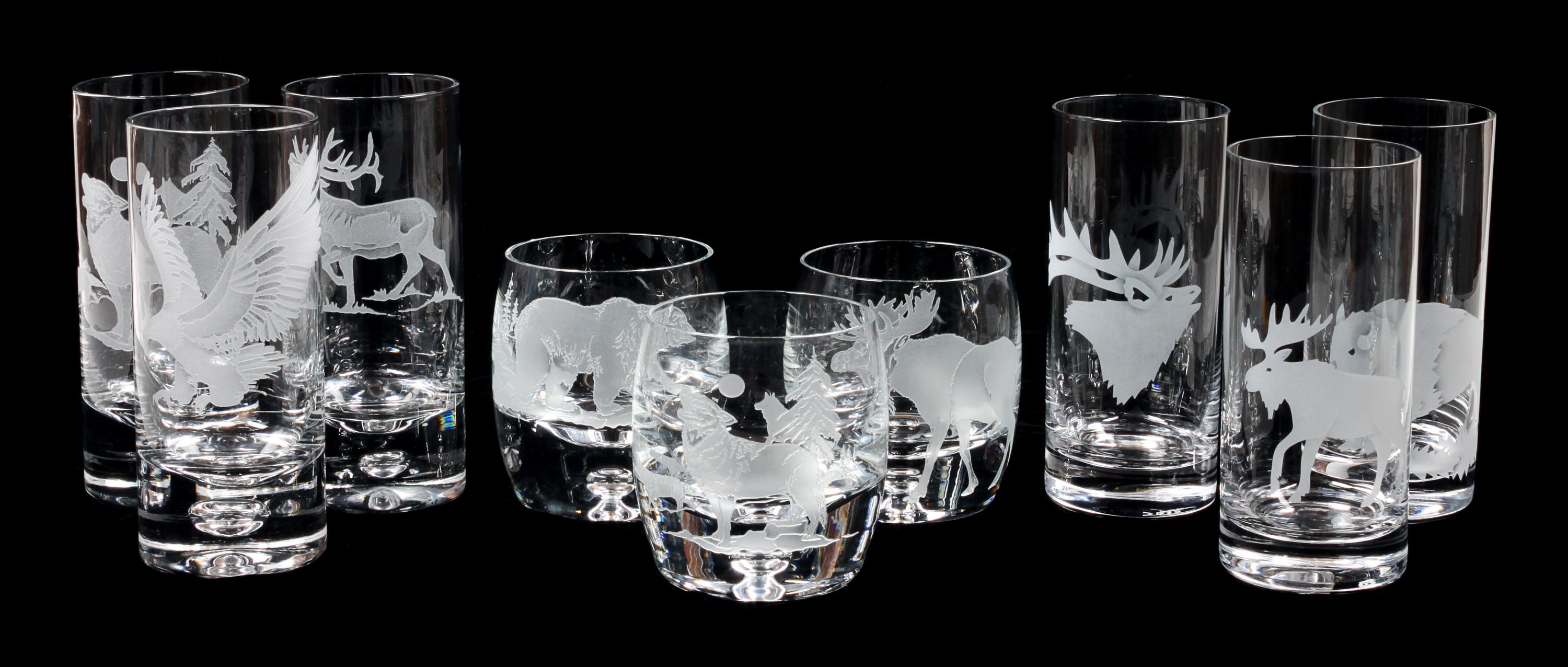 Etched American Wildlife Crystal and Glass Barware
