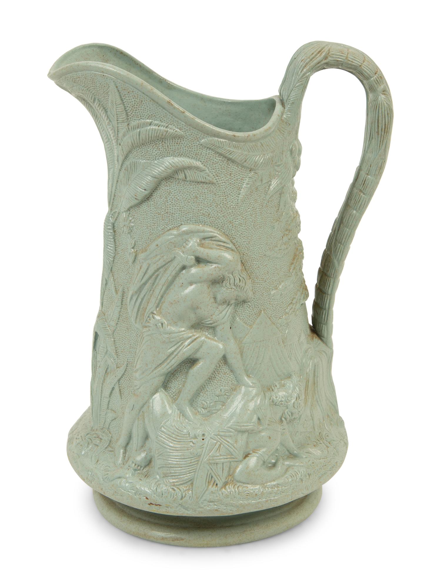 A Collection of Eight English Salt Glazed Relief Form Pitchers and Molded Earthenware — 19TH CENTURY