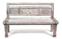 A South East Asian Carved Weathered Teak Bench Height 36 x width 59 1/4 x depth 26 1/4 inches. — 20TH CENTURY
