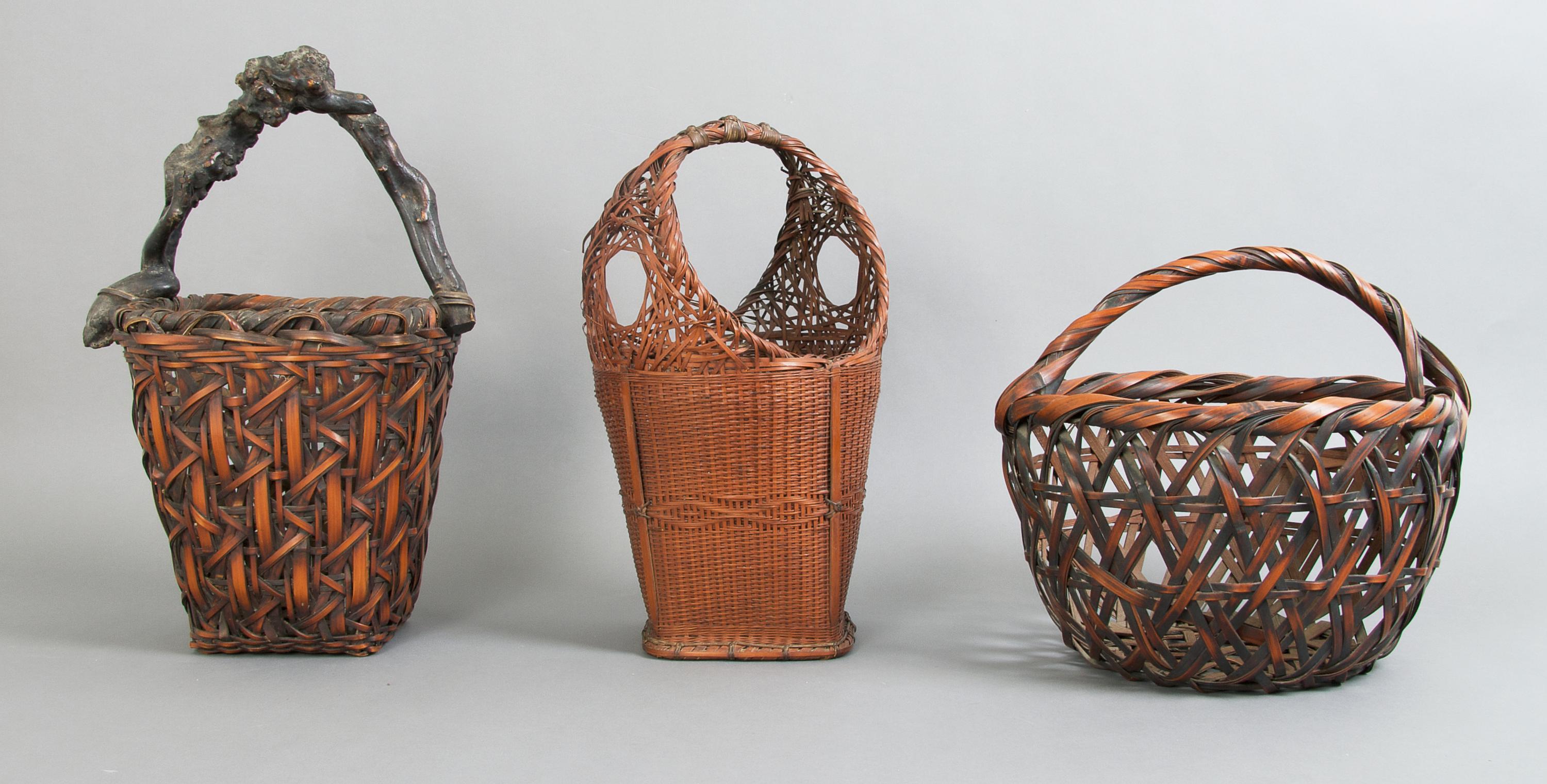 A Group of Three Japanese Bamboo Baskets, Height of tallest 16 inches.