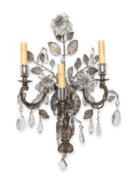 A Pair of Silvered Metal and Glass Three-Light Sconces in the Style of Maison Baguès