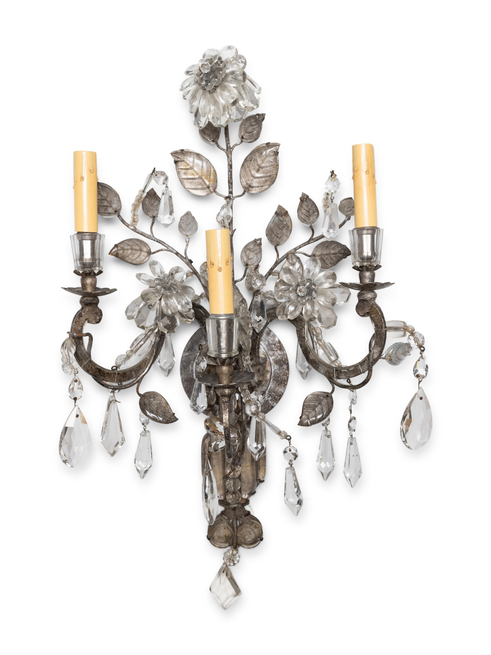 A Pair of Silvered Metal and Glass Three-Light Sconces in the Style of Maison Baguès