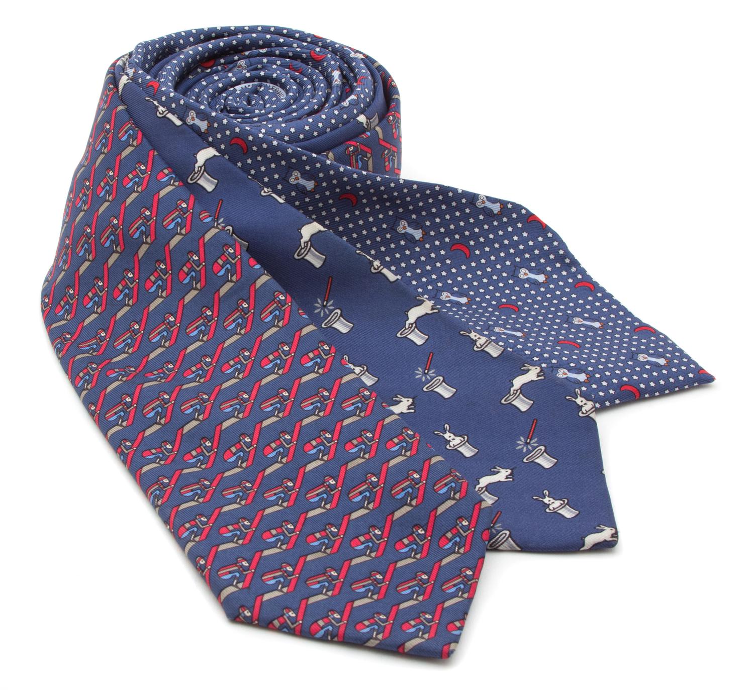 A Group of Three Hermes Blue Silk Ties, 3.25" wide; Magic trick: 4" wide.